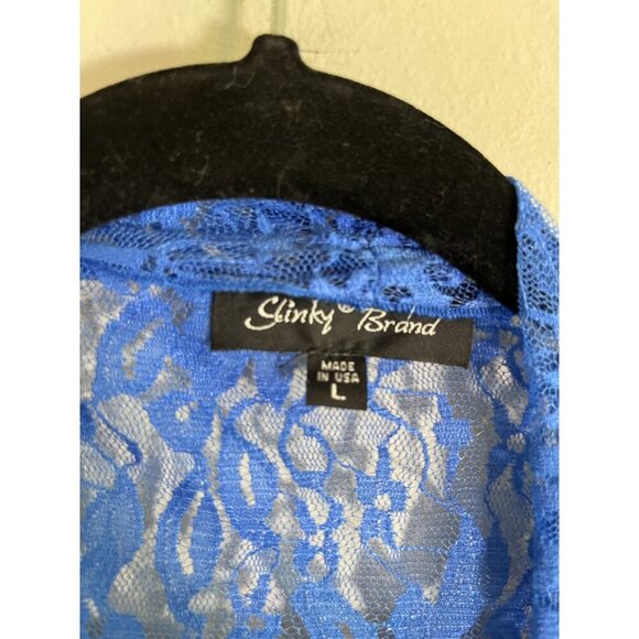 Slinky Brand Top Women L Blue Floral Cardigan Mesh Mature Coastal Preppy Boho - Picture 6 of 10